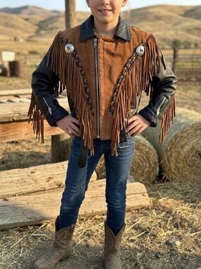 Vintage JR Kids Leather Fringe Motorcycle Jacket Two-Tone Western Biker Youth L